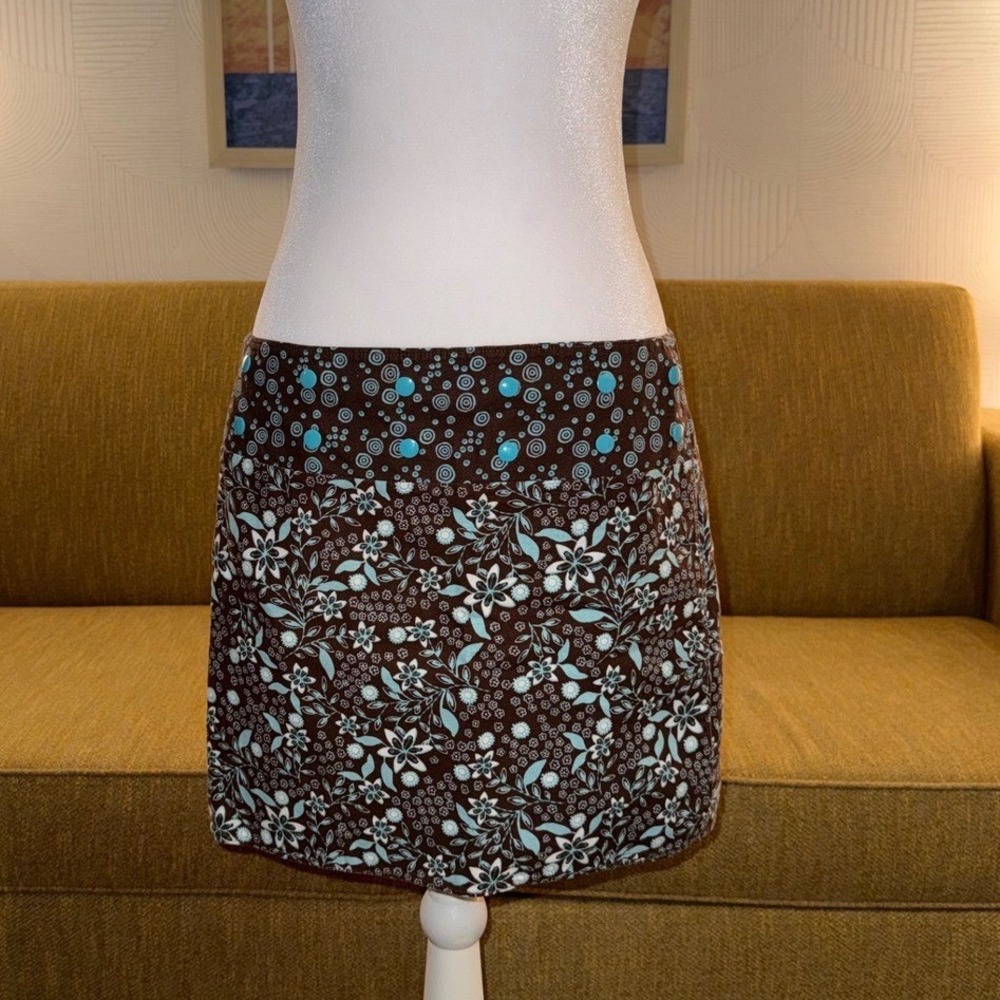 Reversible Floral Geometric Mini Wrap Skirt Brown Turquoise Snap Button